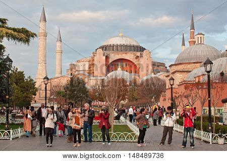 TURKEY ISTANBUL - NOVEMBER 06 2013: Autumn view of the Hagia Sophia on the Sultanahmet Square in Istanbul. Hagia Sophia was a Greek Orthodox Christian basilica later Ottoman mosque now a museum.