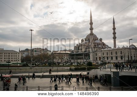 Istanbul, Turkey - December 2015:  View of the Golden Horn area of Istanbul with the Yeni Cami, New Mosque, located at the southern end of Galata brdige.