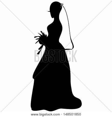 Bride in wedding dress with flowers isolated on white background