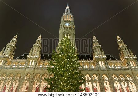 Beautiful view of the Vienna City hall Rathaus with Christmas tree in the evening Vienna Austria