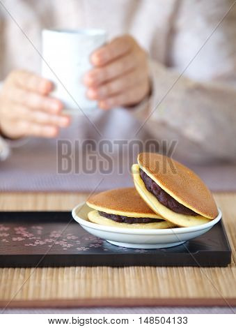 Dorayaki Japanese traditional red- bean pancake dessert