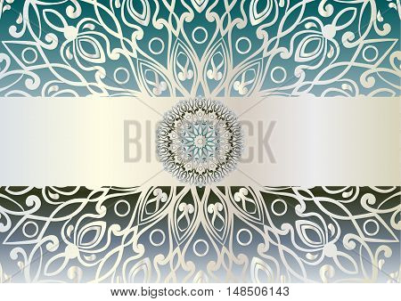 beautiful unusual background with iridescent silver and turquoise colors. Circular floral ornament. Hand drawn vector stock illustration