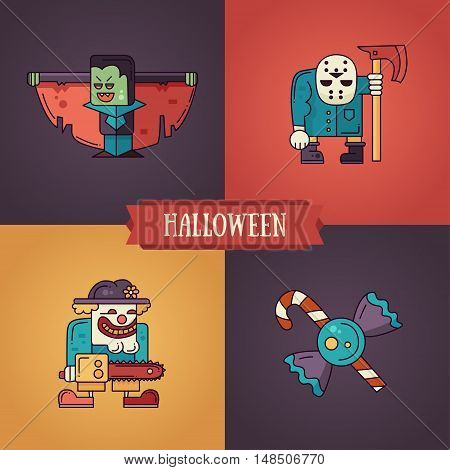 Halloween - modern vector line flat design characters icons set. Funny scary vampire, clown, candies