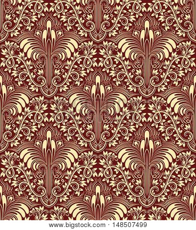 Damask seamless pattern repeating background. Ivory burgundy floral ornament in baroque style.