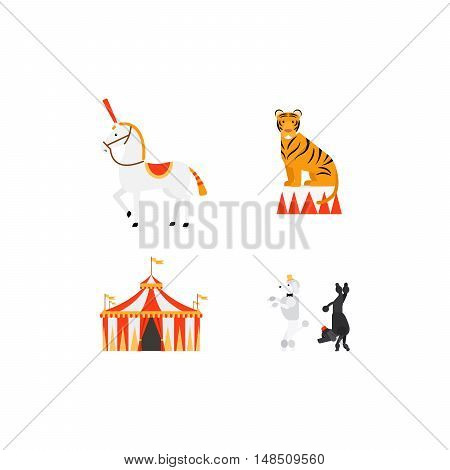 Circus vector flat icons set with tiger elephant dogs and tent