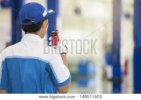 Man Talking on Radio.Selective focus at radio