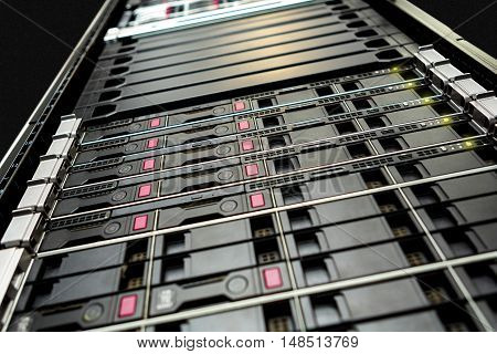 Close up detail of a rack in computer data centre.
