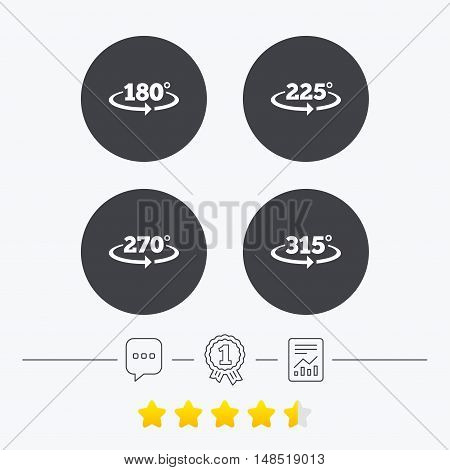 Angle 180-315 degrees icons. Geometry math signs symbols. Full complete rotation arrow. Chat, award medal and report linear icons. Star vote ranking. Vector