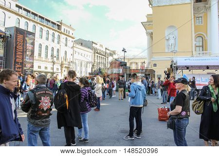 St. Petersburg, Russia - 12 August, People on Ostrovsky Square,12 August, 2016.
The annual International Festival of Motor Harley Davidson in St. Petersburg Ostrovsky Square.