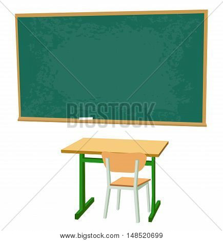 School desk chipboard and a chair. Vector flat color illustration isolated on white background.
