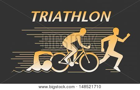 Vector gold line logo triathlon. Figures triathletes on a black background. Swimming cycling and running symbol. Open path.