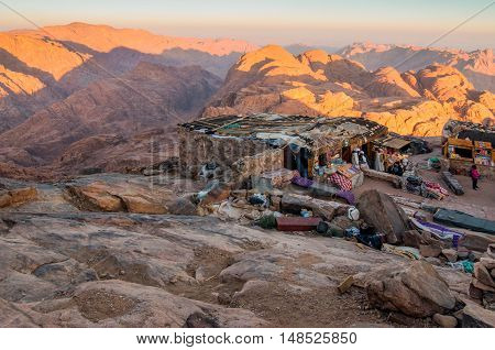 Mount Sinai Egypt - November 25 2010: Arab Bedouin Shops on Mount Sinai in early morning at November 25 2010. The mountain associated with Moses and the Ten Commandments is a popular travel destination for religious and secular visitors alike.