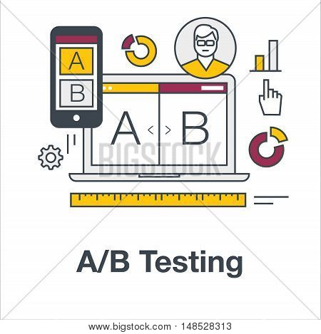 Thin line flat icon concept banner for AB testing, split comparison web design. Web marketing, analysis of web site on laptop and smartphone. Modern vector illustration.