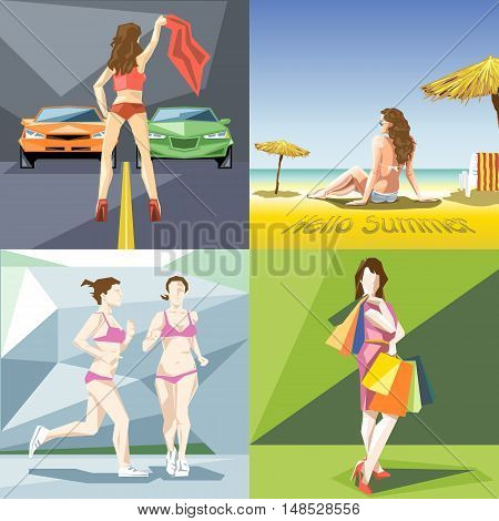 Digital vector girl and woman at the beach, jogging, shopping and racing icon set, flat style