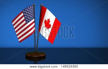 USA flag and Canadian desk flags 3D illustration.