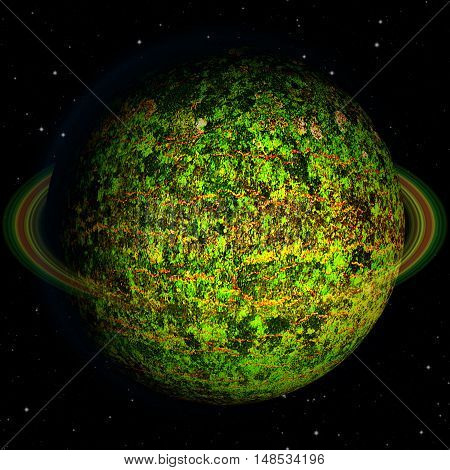 Abstract green planet with red veins. Unknown celestial body with organic green structure