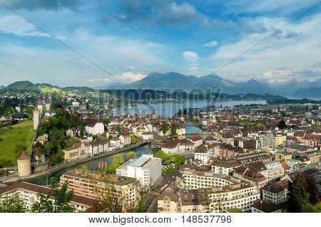 Lucerne Switzerland. Aerial view of the old town Lucerne city wall towers lake Lucerne and Rigi mountain in background