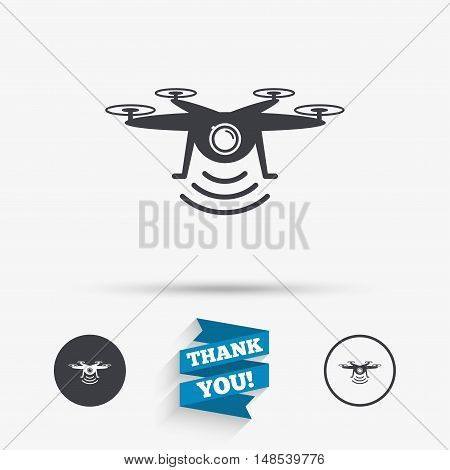 Drone icon. Quadrocopter with action camera symbol. Flat icons. Buttons with icons. Thank you ribbon. Vector