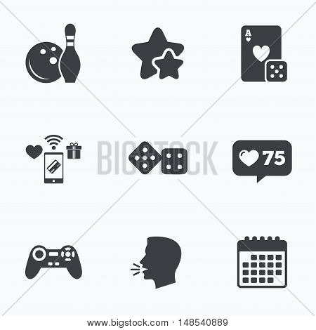 Bowling and Casino icons. Video game joystick and playing card with dice symbols. Entertainment signs. Flat talking head, calendar icons. Stars, like counter icons. Vector