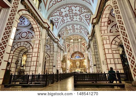 LIMA PERU - August 23 2016: Interior of Saint Francis Monastery in Lima Peru on August 23 2016. The church and convent are part of the Historic Centre of Lima.