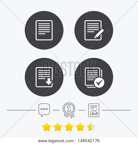File document icons. Download file symbol. Edit content with pencil sign. Select file with checkbox. Chat, award medal and report linear icons. Star vote ranking. Vector