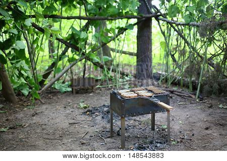 Brazier with grille and slices of bread on a cleared area in the forest