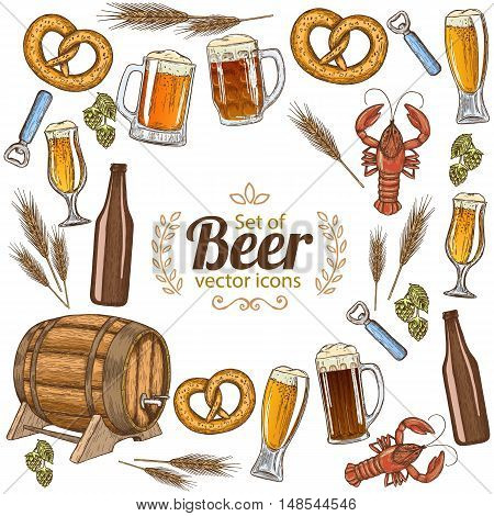 Round frame with colorful beer icons. Template for packaging cards posters menu. Vector stock illustration.