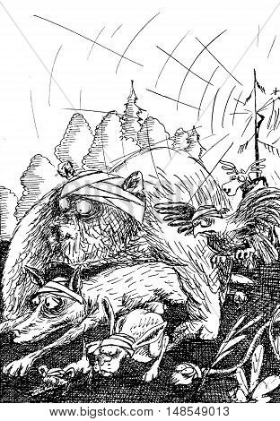 The flight of the woodpecker. Hand drawn sketch with ink and pen on paper