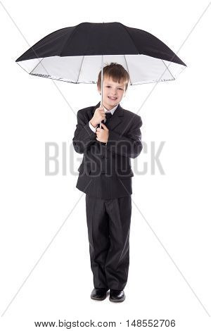 Cute Little Boy In Business Suit With Umbrella Isolated On White
