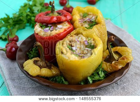 Yellow and red baked peppers stuffed with minced meat and rice.