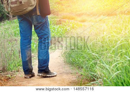 Back portrait of a young man travel concept