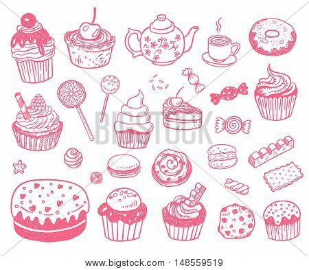 Set of various doodles, hand drawn sweets, cupcakes and candies sketches. Vector illustration isolated on a white background