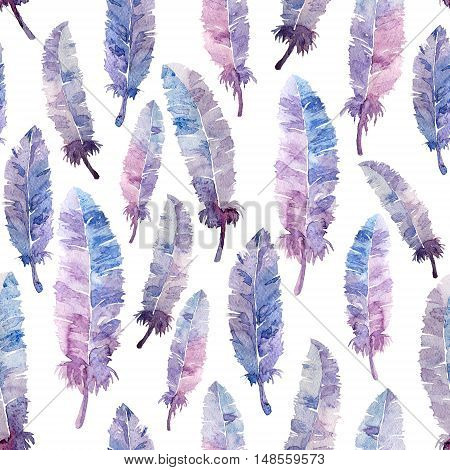 Watercolor feathers seamless pattern. Colorful. White background