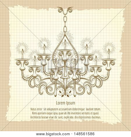 Antique gothic chandeliar sketch on vintage background. Retro poster vector illustration