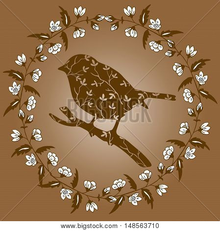 High quality original Silhouette of a bird on branch in frame of flowers