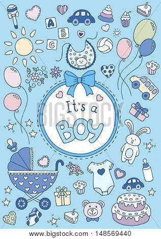 Baby shower celebration greeting and invitation card. Birth of a boy. Vector hand drawn doodle illustration, cartoon style
