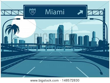 Vector illustration of Miami skyline with freeway sign