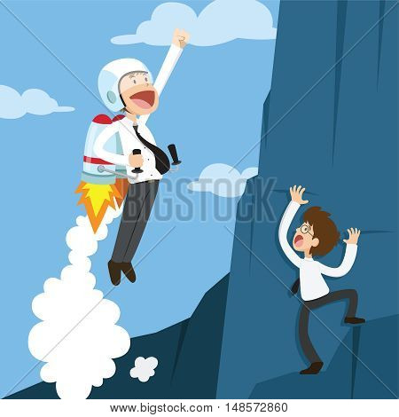 Successful businessman flying by rocket. Business concept. Vector