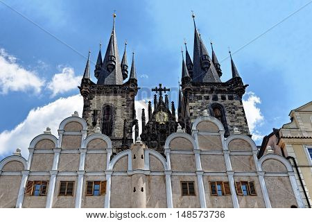 Church of our Lady before Tyn - Tyn Church and the Tyn School at the front in the Old town square. The name of the church originates from the Tyn Courtyard behind the church.