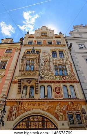 PRAGUE, CZECH REPUBLIC - JULY 3, 2014: Historical house facade of the Wenzel Storch house in the Old Town Square. The city centre of Prague is listed under the UNESCO world heritage sites.