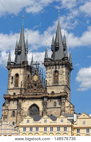 Church of our Lady before Tyn - Tyn Church in the Old town square in Prague Czech Republic. The name of the church originates from the Tyn Courtyard behind the church.