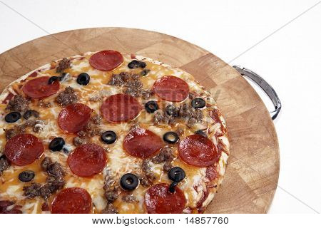 Home Baked on Wood Board Food Meat Pizza Pepperoni Olive Sausage