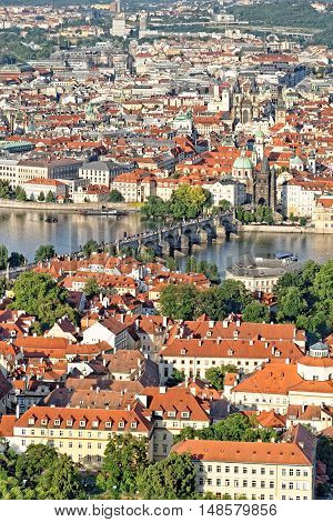 Aerial view of Charles Bridge Prague Old Town and part of the Lesser town district from the Petrin Hill Czech Republic.