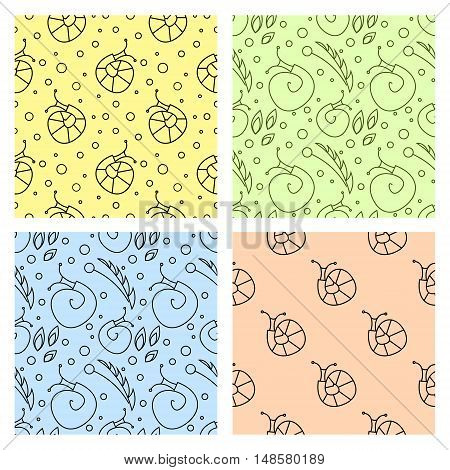 Sey of seamless vector patterns with insects different colorful backgrounds with snails flowers leaves. Graphic vector illustrations. Series - sets of seamless vector patterns.