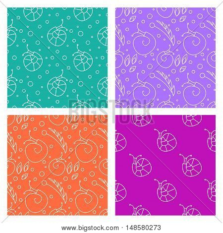 Sey of seamless vector patterns with insects different colorful backgrounds with snails flowers leaves. Graphic vector illustrations. Series - sets of seamless vector patterns.