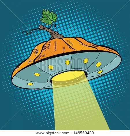 Pumpkin Halloween UFO, pop art retro vector illustration. Mysterious events and science fiction