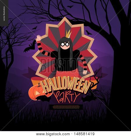 Halloween Party. Flat vectror cartoon illustrated design of a princess wearing glasses in center of striped shield, bats, pumpkin jack-o-lantern, ribbon, lettering, forest landscale, trees and hills