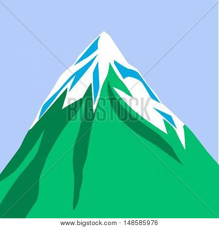 Mountain isolated on blue background. Green mountain with snowy peak. Color cartoon illustration. Vector.