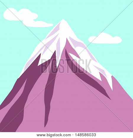 Mountain with clouds. Purple mountain with snowy peak. Color cartoon illustration. Vector.