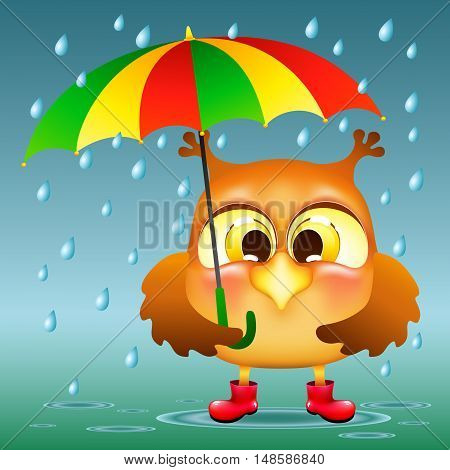 funny cartoon owl with umbrella in rubber boots